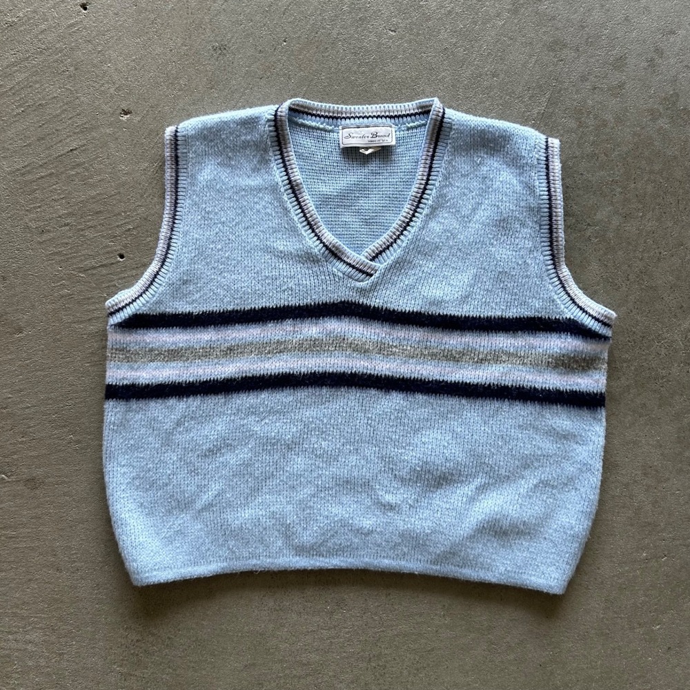 Vintage 70s Sweater Brand Sweater Vest Size Large Light Blue Striped Knit V Neck